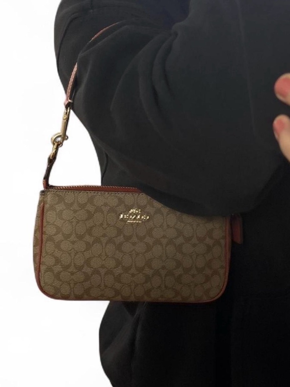 Coach Brown Signature Canvas Wristlet with Leather Trim